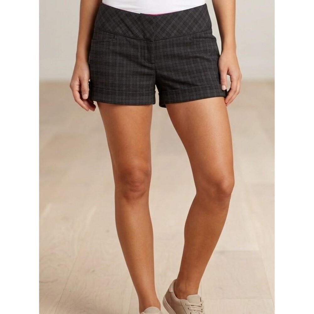 βWet Seal Dark Gray Plaid Trouser Shorts with Pink Satin Waist Lining - Size Med
